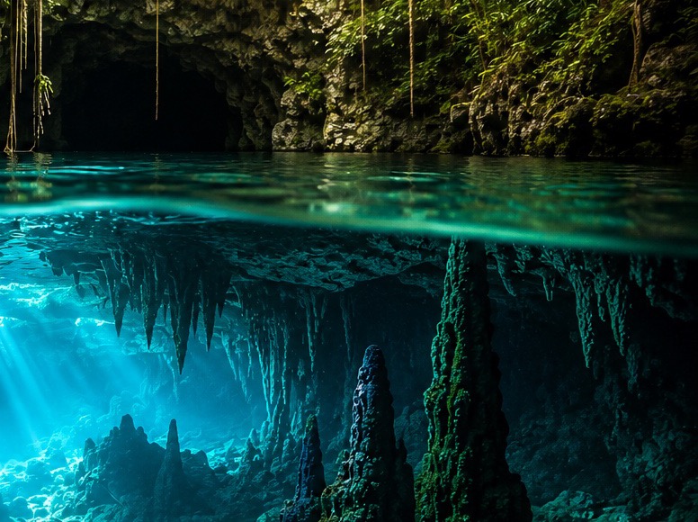 Stalactites and turquoise water inside a cavern cenote in the Yucatán