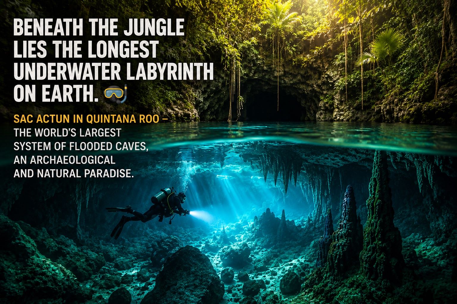 Diver exploring the flooded caves of the Sac Actun cenote system in Quintana Roo