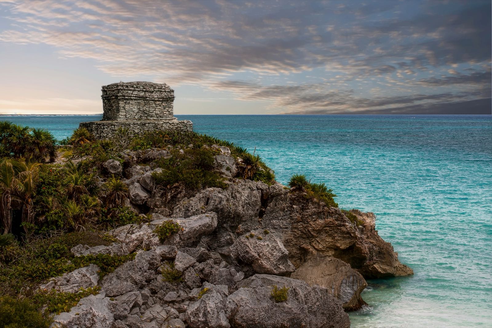 The Temple of the God of the Wind on the cliff above the Caribbean at the Tulum ruins