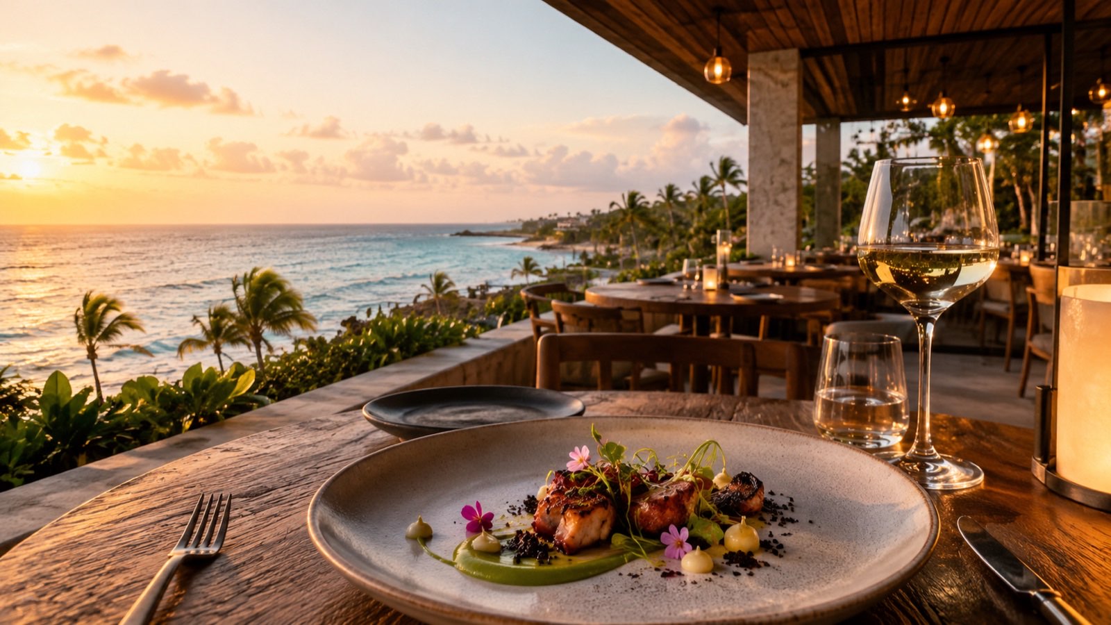Oceanfront restaurant table at sunset in Playa del Carmen